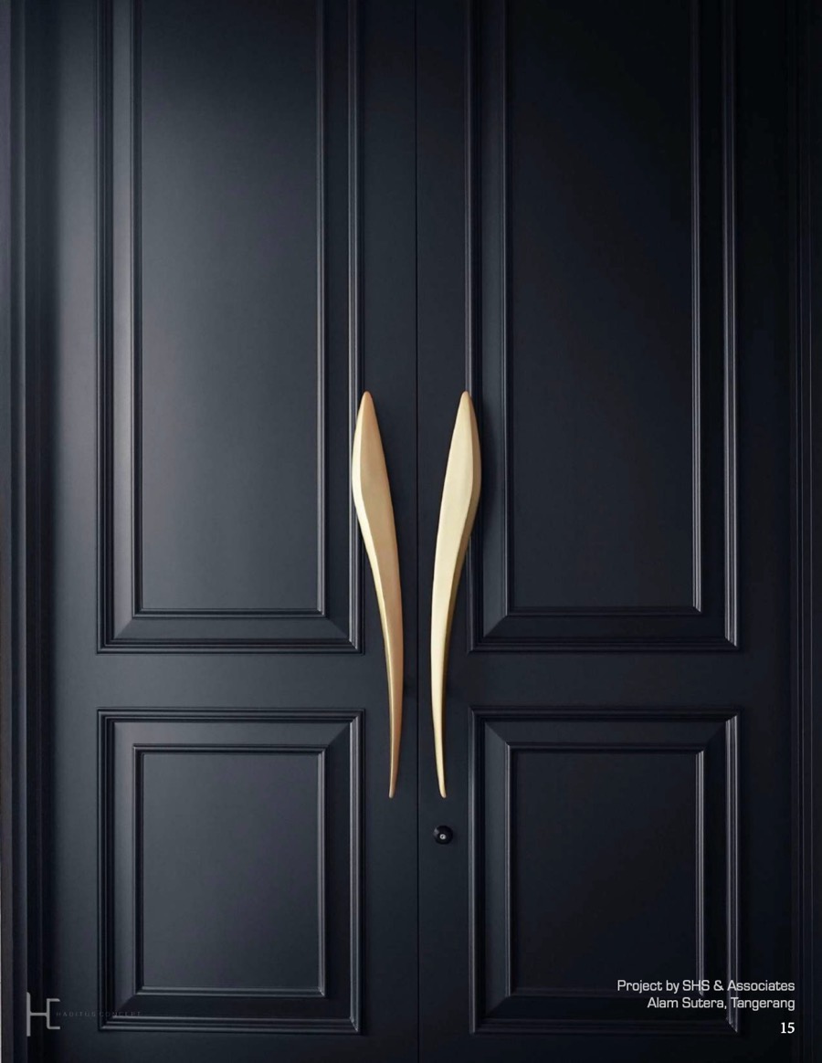 Navy panelled door with a pair of brass wing pull handles